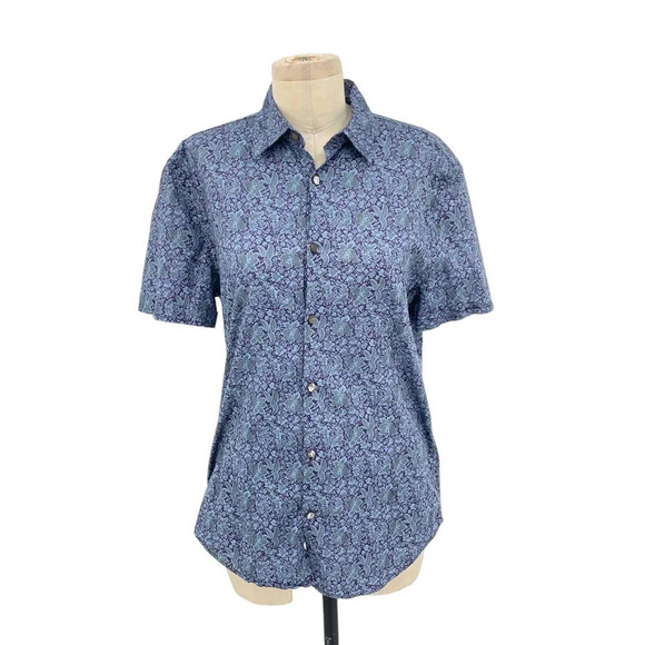 John‎ Varvatos Blue Purple Floral Short Sleeve Button Down Top Size Small - Picture 1 of 9